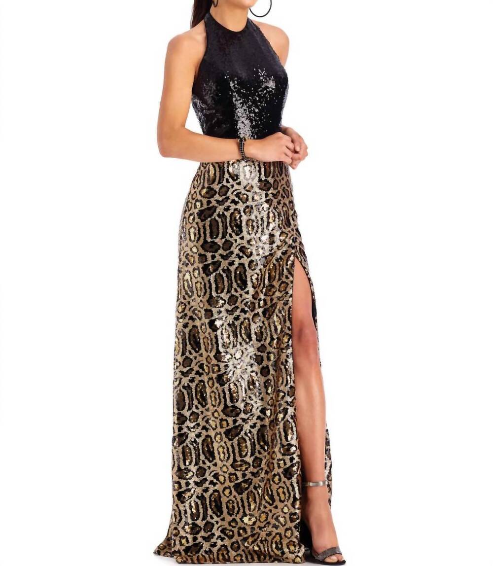 NEW CLARISSE halter neck leopard print sequin evening gown in black/gold